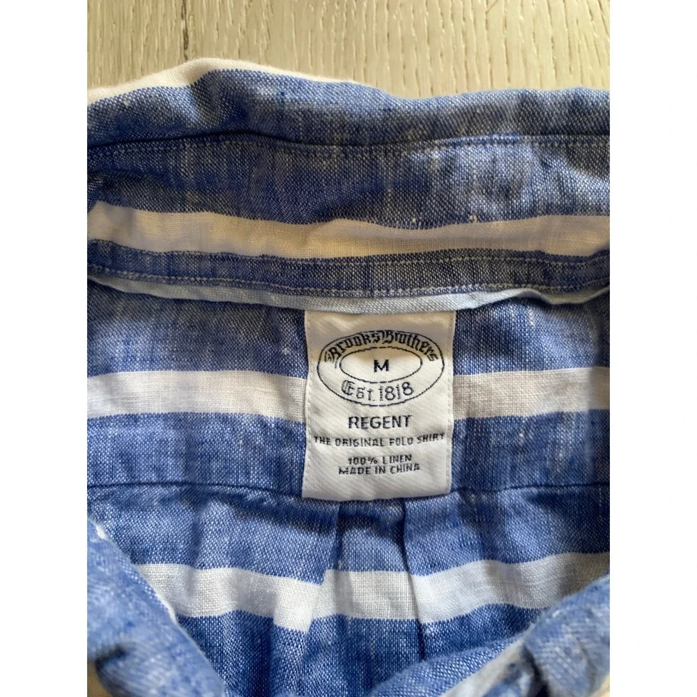 Brooks Brothers Regent Blue White Striped 100% Linen Popover Polo Shirt Mens M - Picture 2 of 6